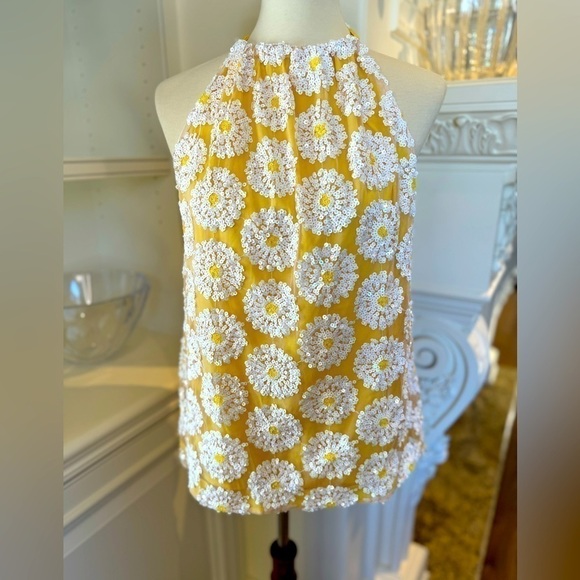 TRINA TURK Rancho sequin yellow & white floral tie back halter top size medium - Picture 8 of 11